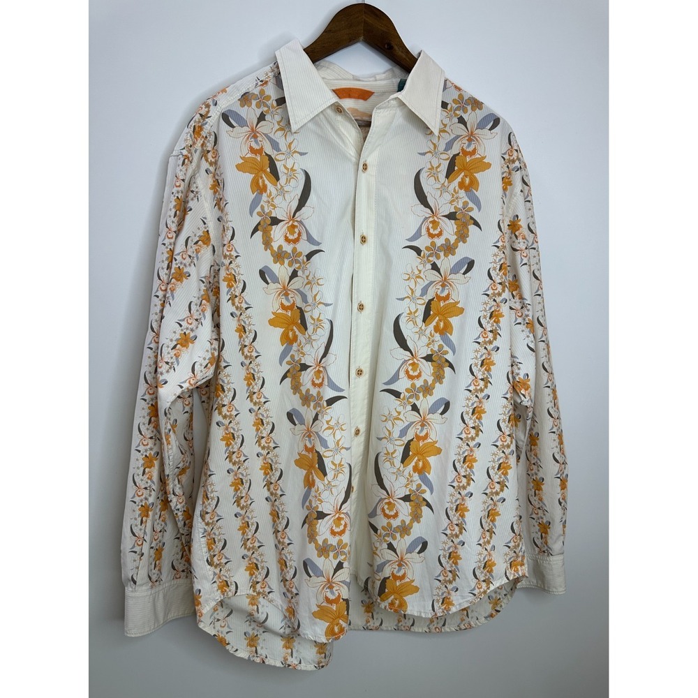 Tommy Bahama Orchid Floral Stripe Cotton Silk Shirt Men XL Ivory Hawaiian Resort - Picture 2 of 11